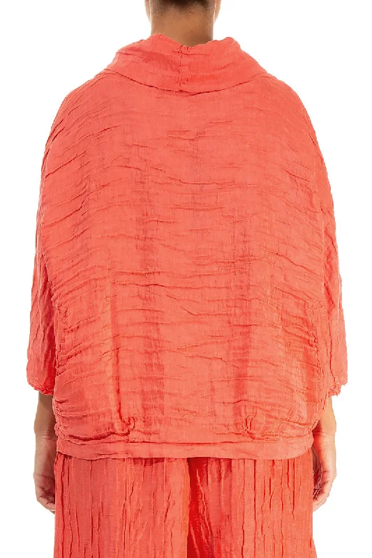 Cowl Neck Crinkled Living Coral Silk Blouse