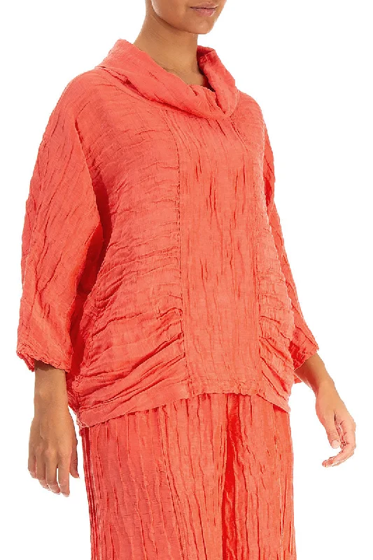 Cowl Neck Crinkled Living Coral Silk Blouse