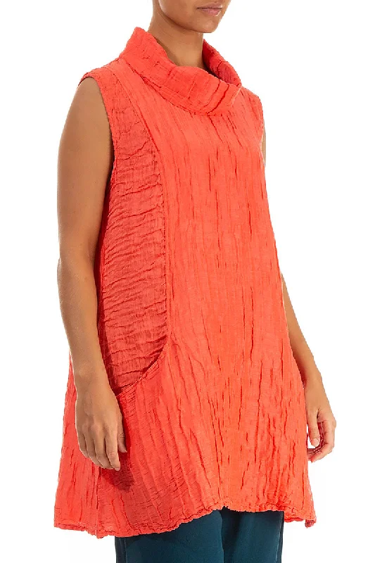 Cowl Neck Crinkled Living Coral Silk Tunic