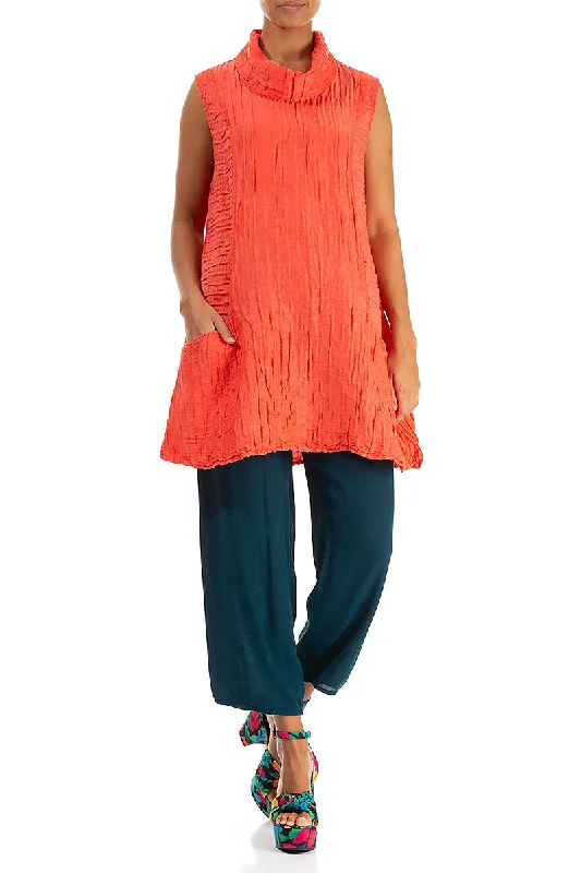 Cowl Neck Crinkled Living Coral Silk Tunic