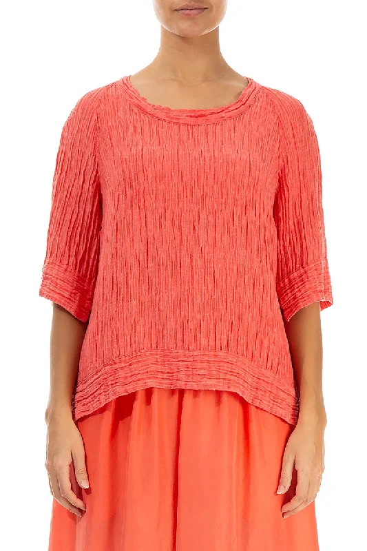 Crinkled Living Coral Silk Blouse