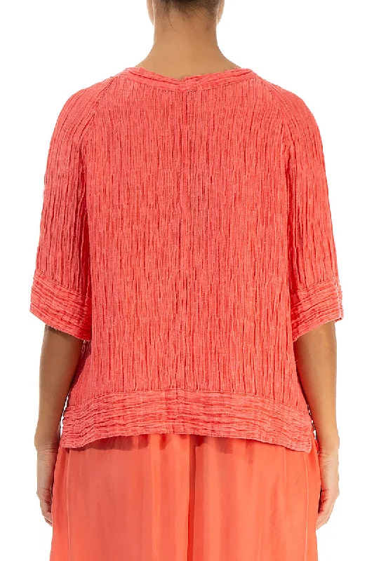 Crinkled Living Coral Silk Blouse