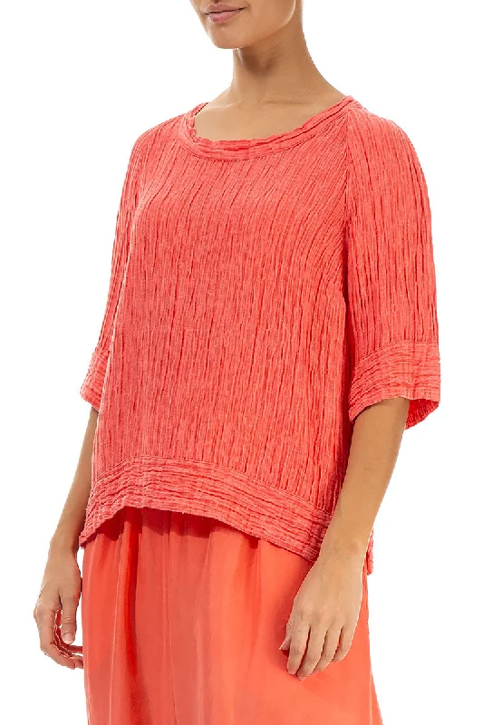 Crinkled Living Coral Silk Blouse