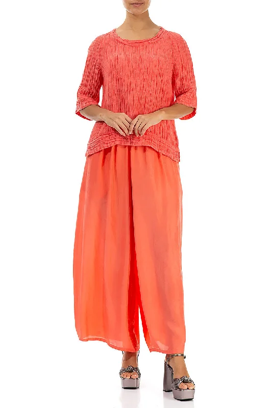 Crinkled Living Coral Silk Blouse