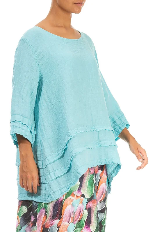 Decorated Hem Ice Blue Linen Tunic