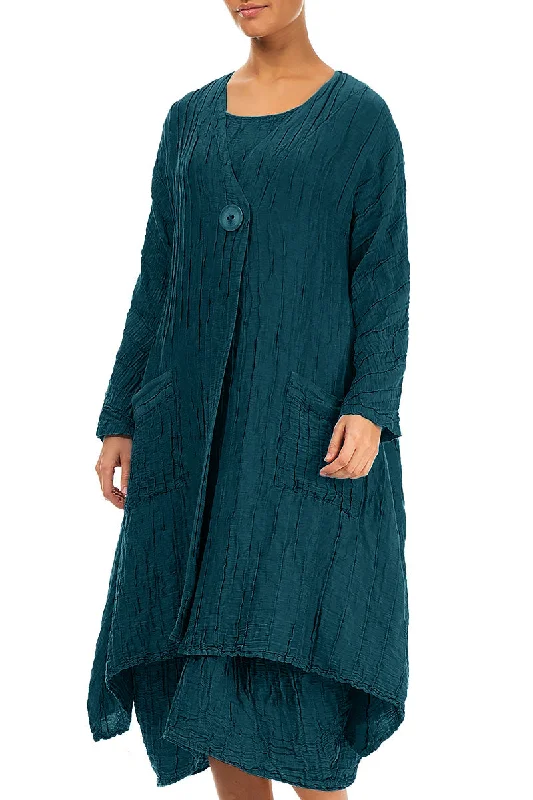 Dropped Edge Crinkled Dark Teal Silk Jacket