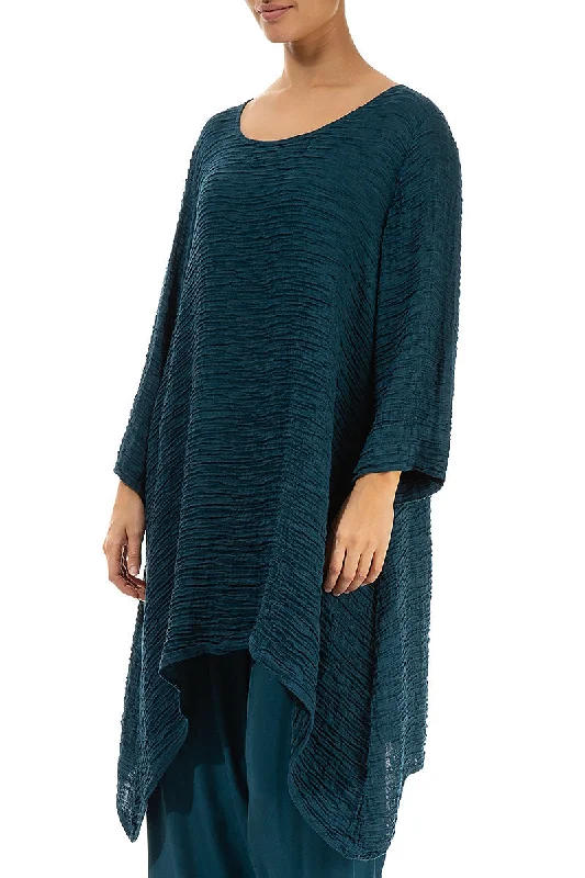 Dropped Edge Dark Teal Crinkled Silk Tunic