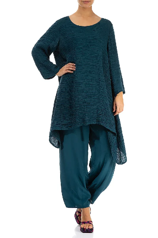 Dropped Edge Dark Teal Crinkled Silk Tunic