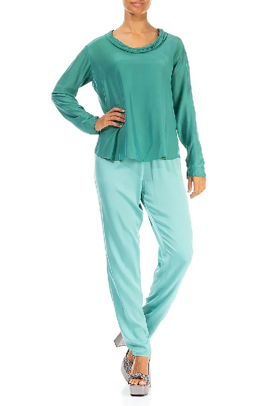 Elegant Aqua Green Silk Bamboo Blouse