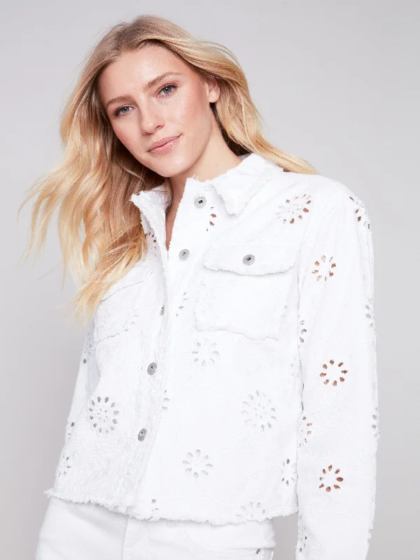 Embroidered Eyelet Denim Jacket - White