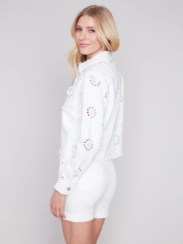 Embroidered Eyelet Denim Jacket - White