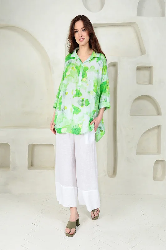 Flared Collar Neck Greenery Linen Shirt