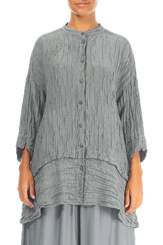 Flared Crinkled Sage Silk Shirt