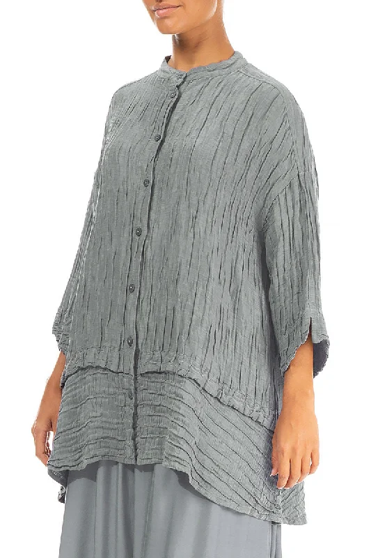 Flared Crinkled Sage Silk Shirt