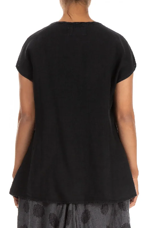 Flared Loose Black Linen Blouse