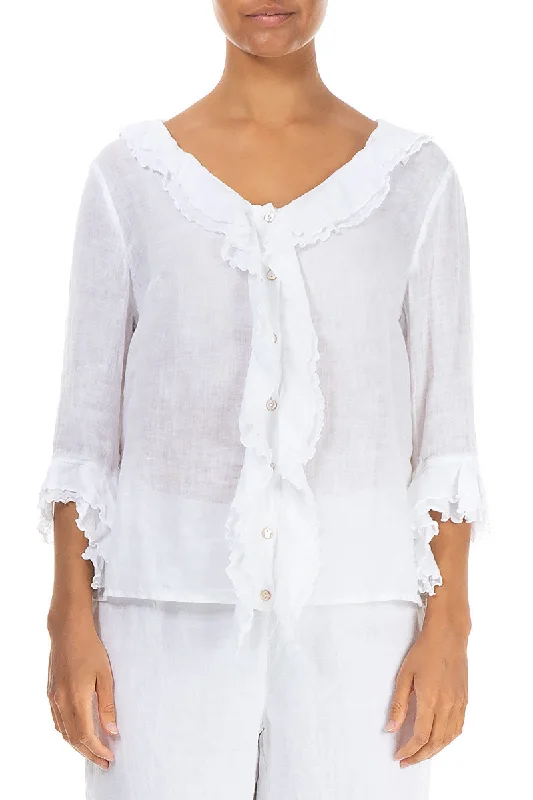 Frilled White Gauze Linen Blouse