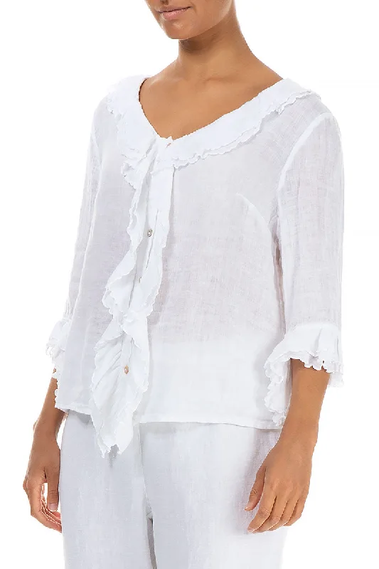 Frilled White Gauze Linen Blouse