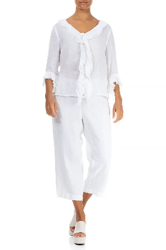 Frilled White Gauze Linen Blouse