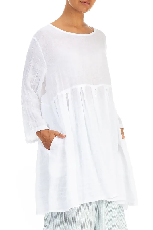 Gathered White Gauze Linen Tunic