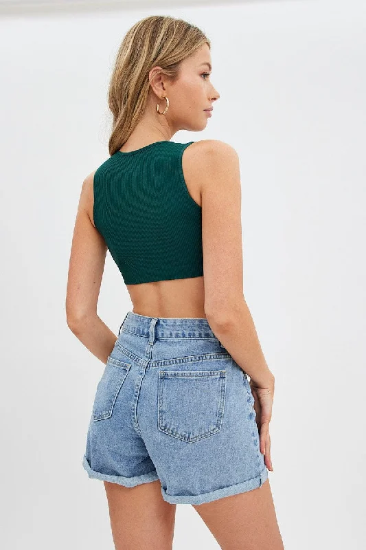 Green Crop Tank Top Crew Neck Seamless