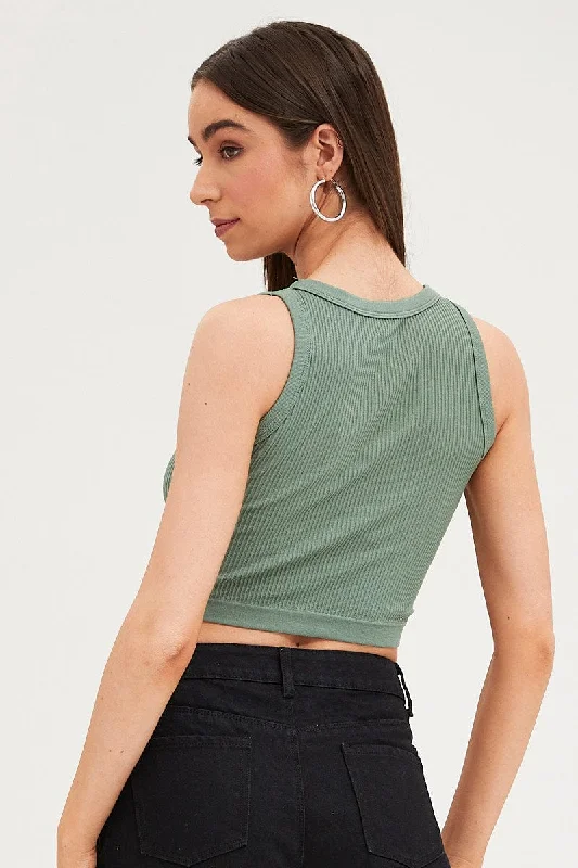 Green Tank Top Crew Neck Seamless