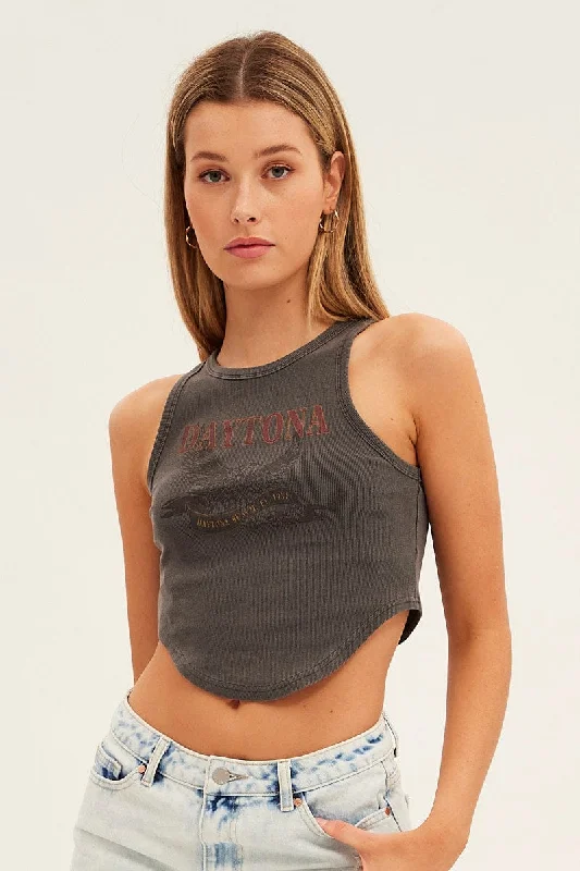 Grey Eagle Curve Hem Racer Back Crop Tank