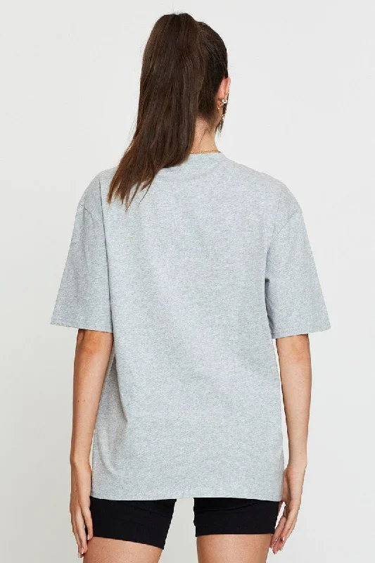 Grey Graphic T Shirt Short Sleeve Embroided