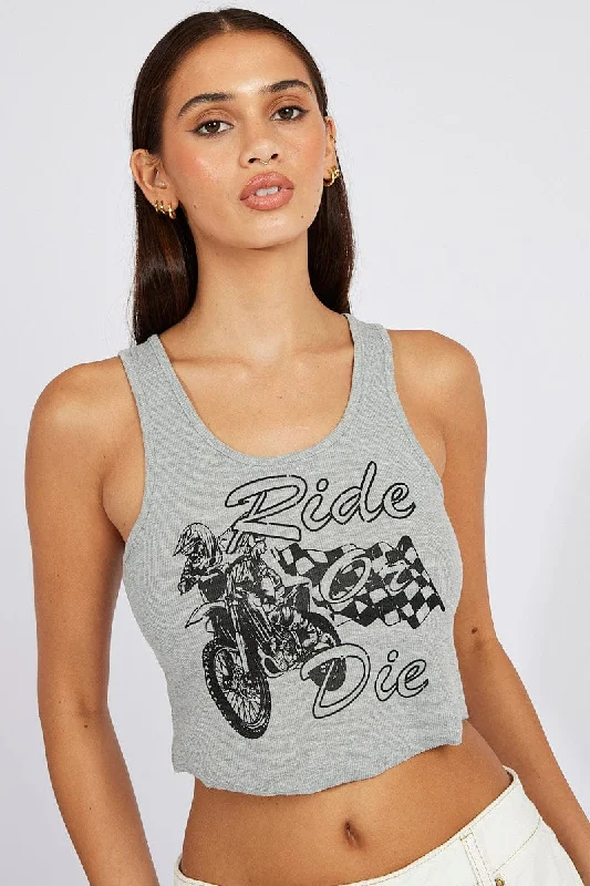 Grey Graphic Tank Sleeveless Rib