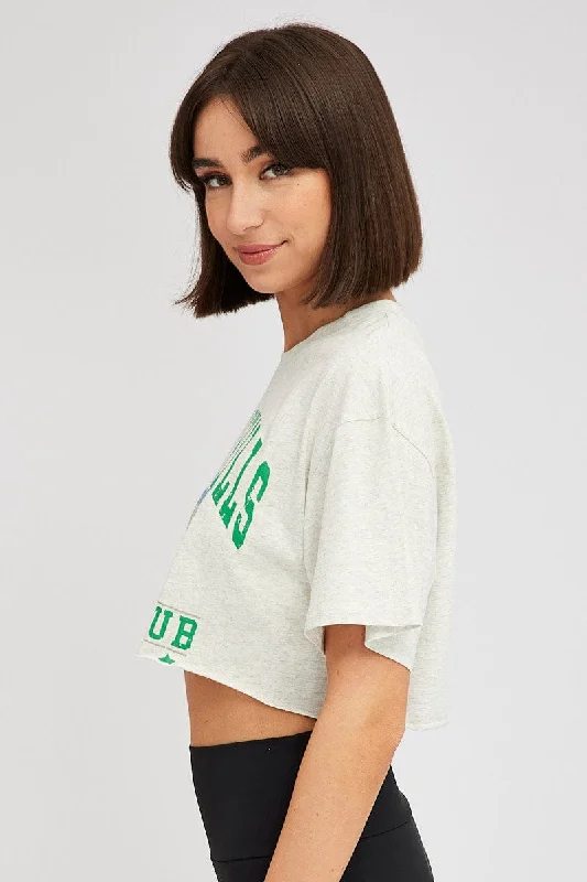 Grey Graphic Tee Varsity Crop Slogan T-shirt