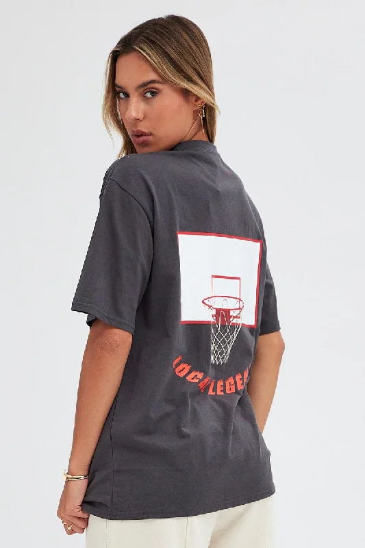 Grey T Shirt Short Sleeve Crew Neck Basketball Graphic