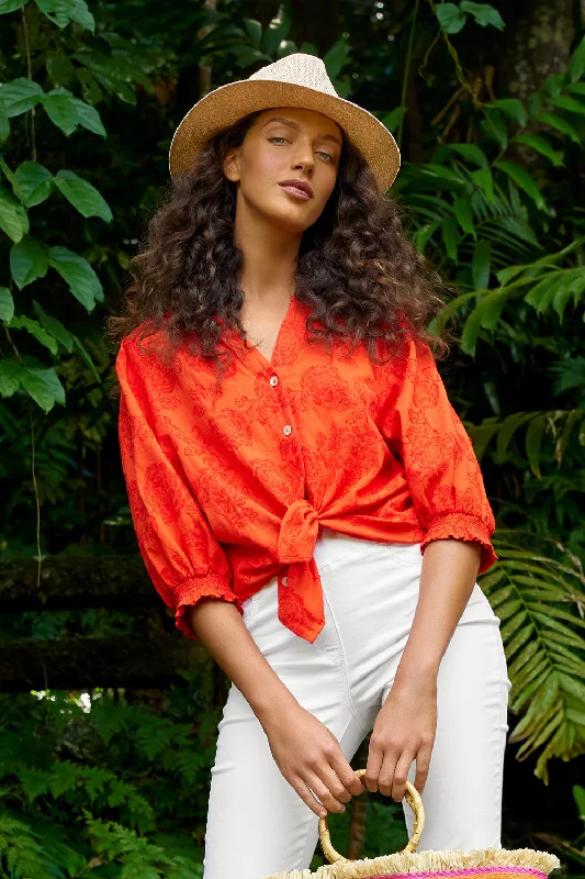 Jacquard Smocked Blouse - Spice Orange