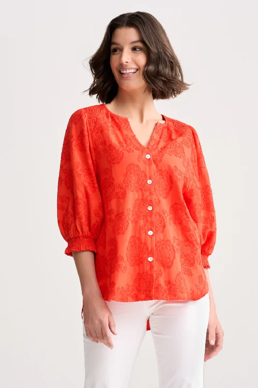 Jacquard Smocked Blouse - Spice Orange