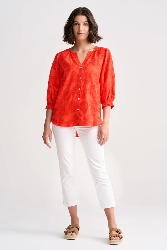 Jacquard Smocked Blouse - Spice Orange