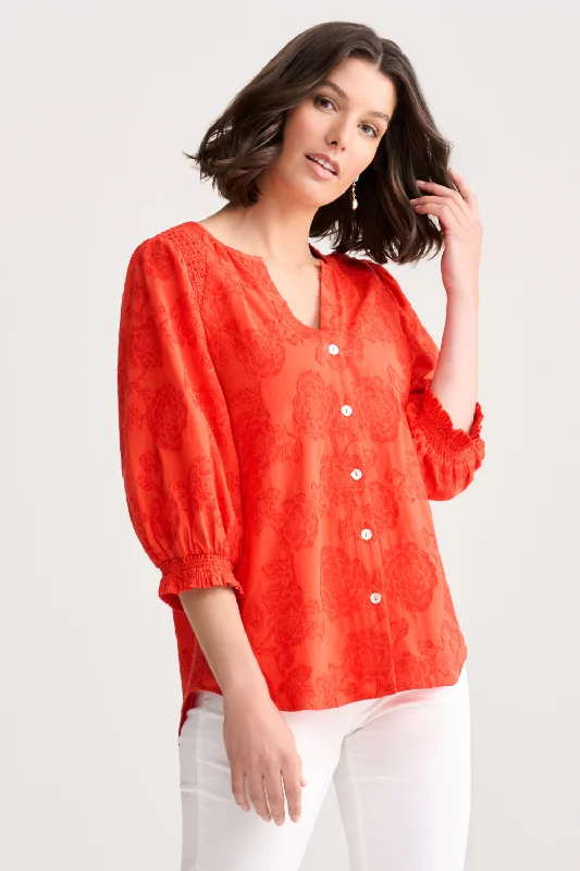 Jacquard Smocked Blouse - Spice Orange