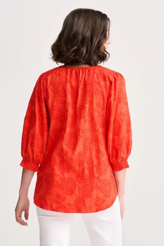 Jacquard Smocked Blouse - Spice Orange