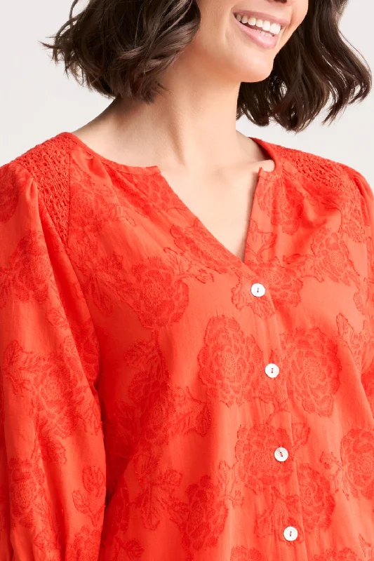 Jacquard Smocked Blouse - Spice Orange