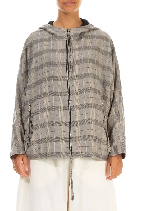 Hooded Zip Greige Check Linen Jacket