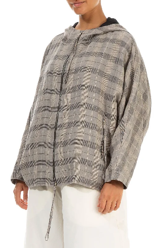 Hooded Zip Greige Check Linen Jacket