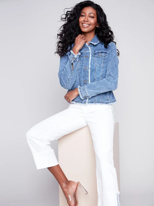 Jean Jacket with Frayed Edges - Medium Blue