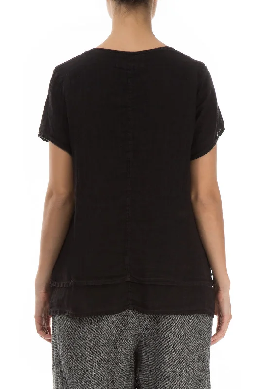 Evergreen Layered Black Linen Blouse