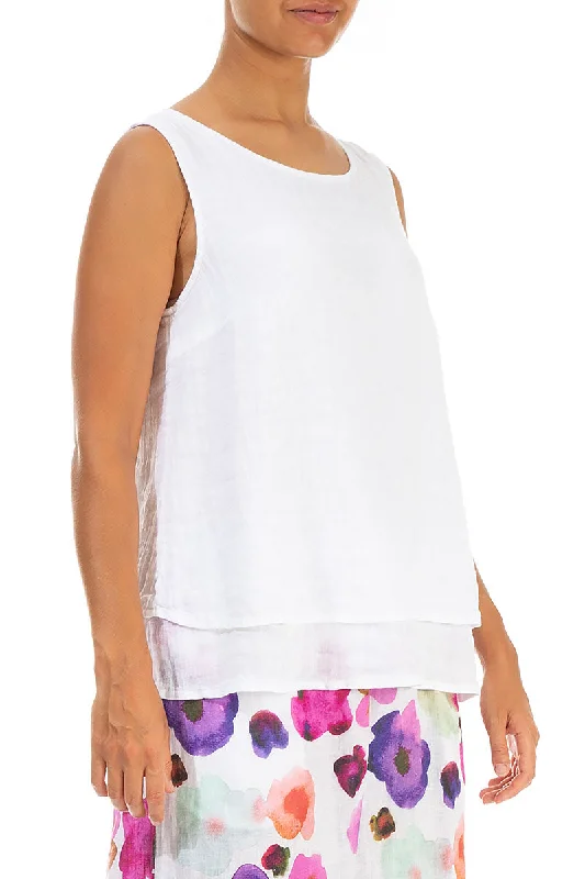 Layered Sleeveless White Gauze Linen Top