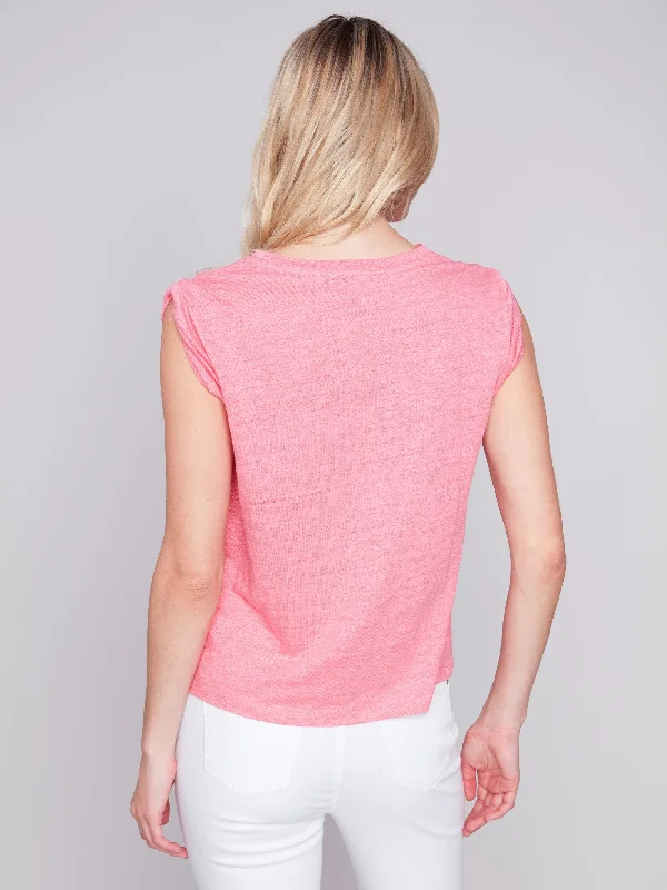 Linen Tank Top with Sleeve Detail - Flamingo