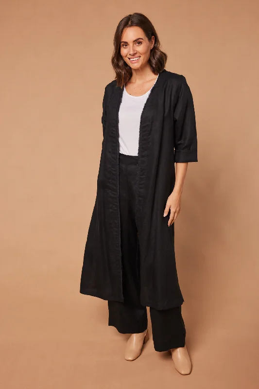 Long Line Fringed Linen Duster Jacket in Black