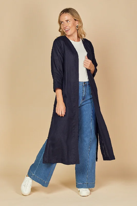 Long Line Linen Duster Jacket in Navy