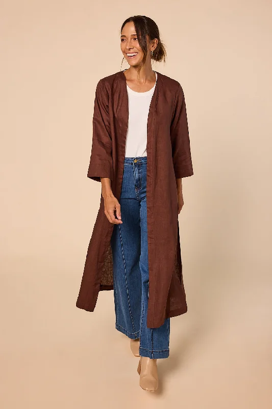 Long Line Linen Duster Jacket in Raisin