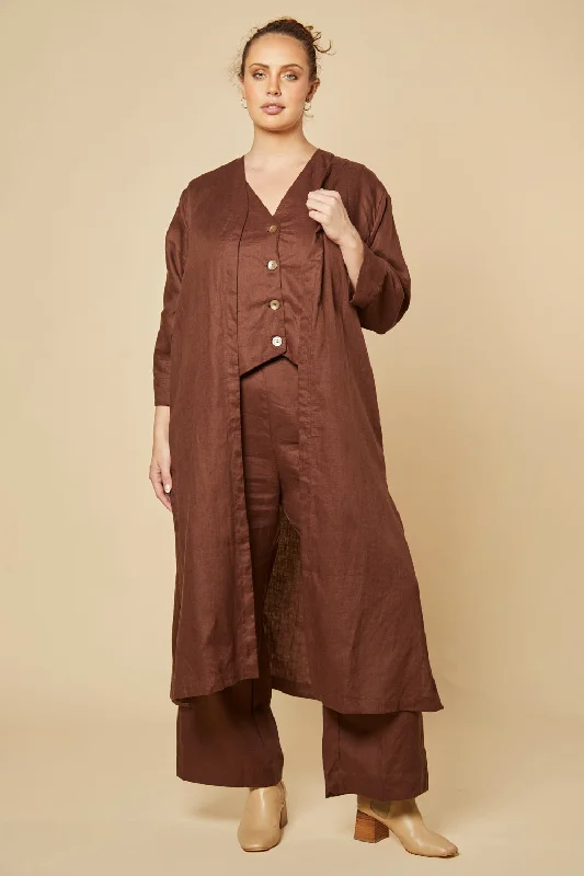 Long Line Linen Duster Jacket in Raisin