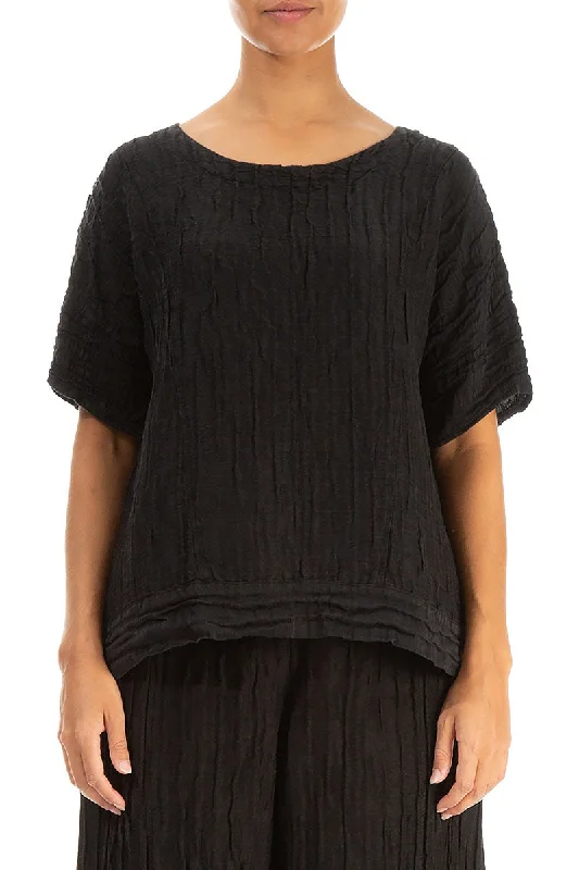 Longer Back Crinkled Black Silk Linen Blouse