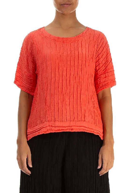 Longer Back Crinkled Living Coral Silk Linen Blouse