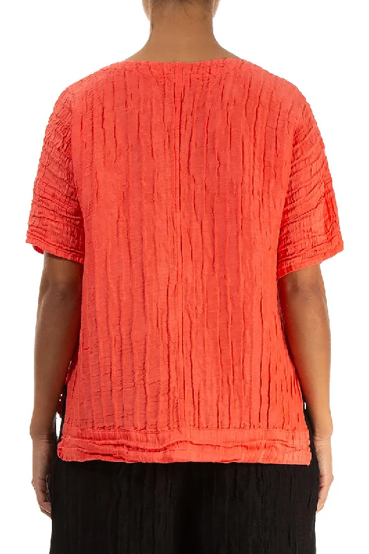 Longer Back Crinkled Living Coral Silk Linen Blouse