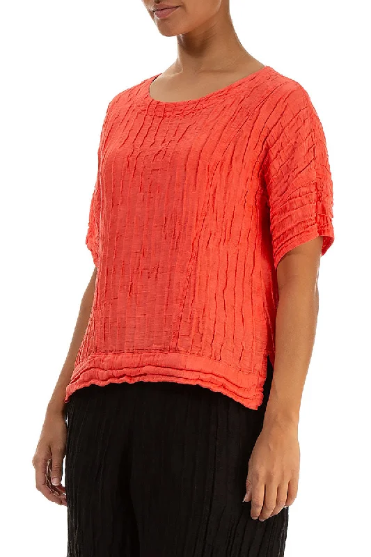 Longer Back Crinkled Living Coral Silk Linen Blouse